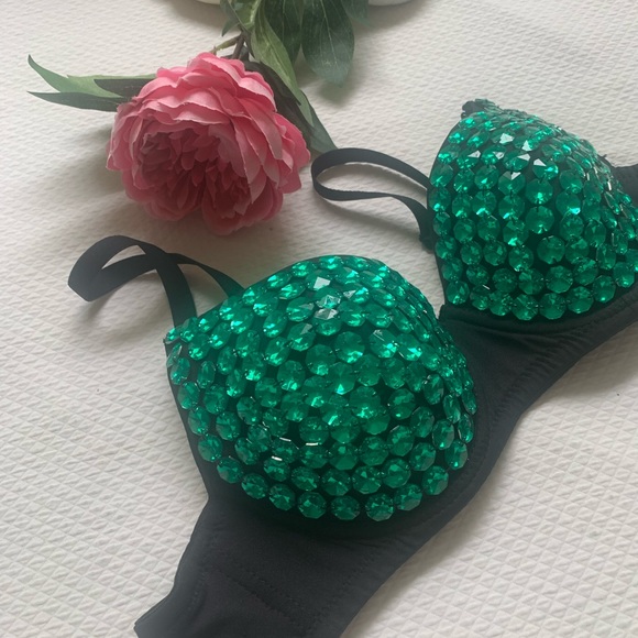 Sexy Rhinestone BodyBra black bra embellished with green acrylic rhinestones π - Picture 4 of 4